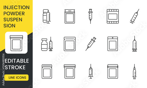 A collection of medical icons representing injection, powder, and suspension forms of medication. This set includes syringes, vials, and packaging, with an editable stroke.