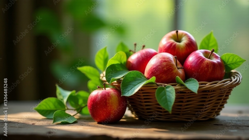 A basket brimming with vibrant red apples, nestled amongst lush green leaves, bathed in the warm glow of sunlight on a rustic wooden surface. A basket brimming with vibrant red apples, nestled amongst lush green leaves, bathed in the warm glow of sunlight on a rustic wooden surface.