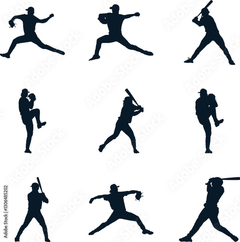 Baseball Player Silhouettes: Pitching, Batting, and Action Poses