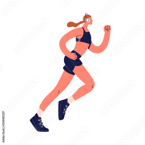 Woman jogging in headphones. Athletic female jogger, runner running and listening to music. Cardio training, active healthy sport workout. Flat vector illustration isolated on white background