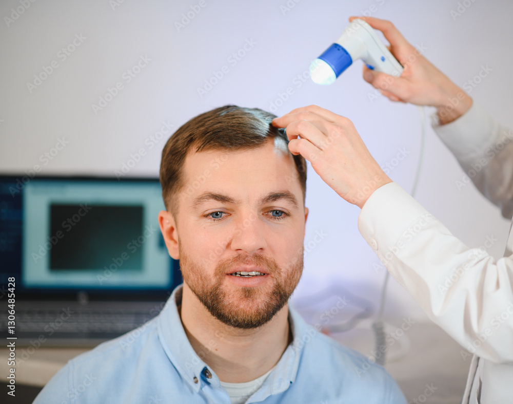 A young man is examined with a trichoscope the condition of the scalp and hair follicles A young man is examined with a trichoscope the condition of the scalp and hair follicles