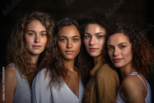 Four women with different hair textures and styles stand closely together, showcasing their individuality while exuding a sense of unity and confidence in a dimly lit environment