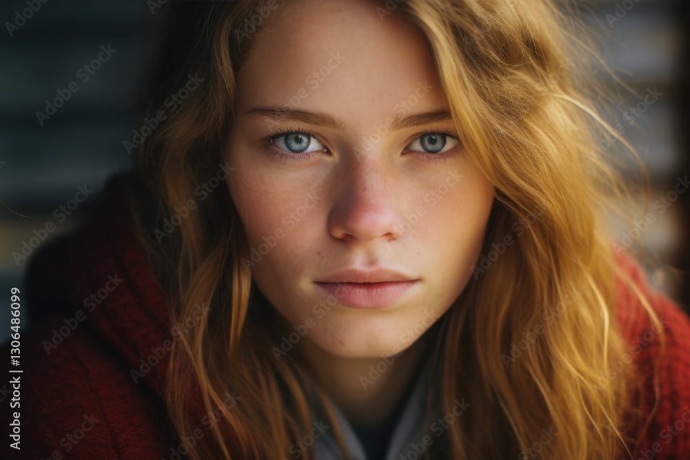 Naklejka premium A young woman with striking blue eyes sits in a serene setting, her long golden hair cascading softly around her shoulders. The warm light highlights her thoughtful expression