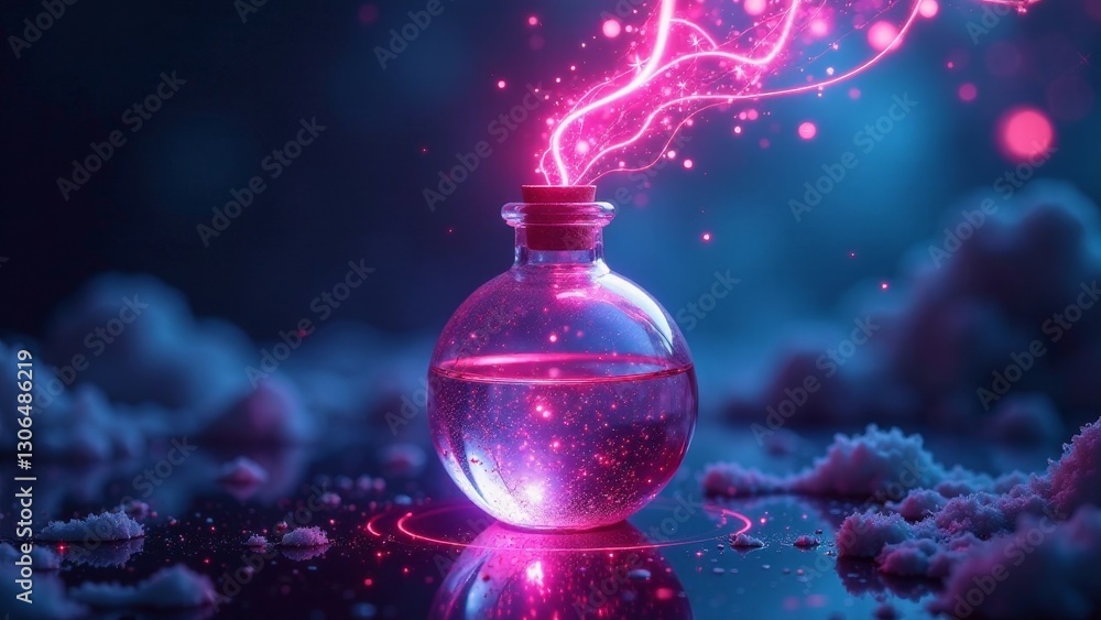 Enchanted Elixir Bottle Glowing with Mystical Pink Energy in a Dark, Atmospheric Setting Enchanted Elixir Bottle Glowing with Mystical Pink Energy in a Dark, Atmospheric Setting