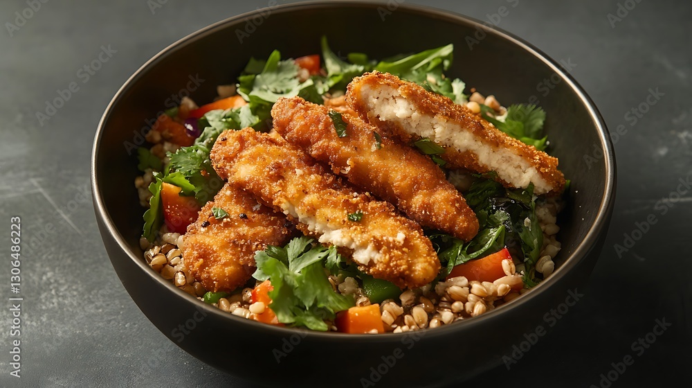 Vegan meatless plant based protein chicken strips with a seven grain Vegan meatless plant based protein chicken strips with a seven grain