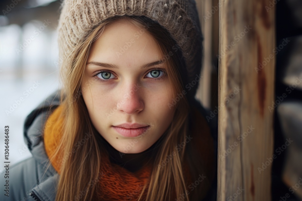 A young woman stands close to a rustic wooden wall, her striking blue eyes shining brightly. Wrapped in a warm jacket and a cozy hat, she embraces the serene beauty of winter A young woman stands close to a rustic wooden wall, her striking blue eyes shining brightly. Wrapped in a warm jacket and a cozy hat, she embraces the serene beauty of winter