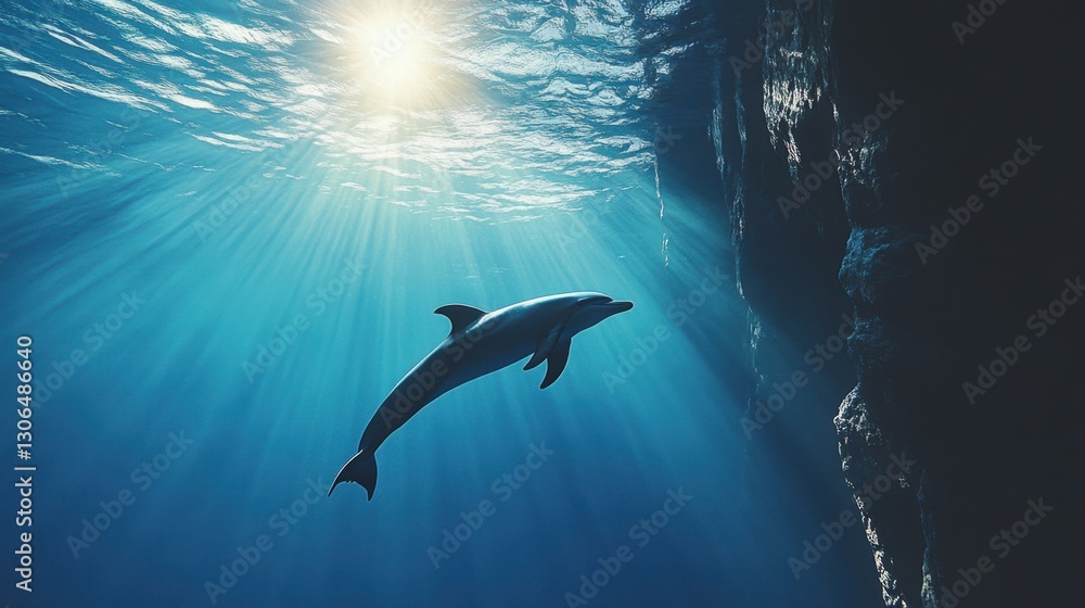 Obraz premium A dolphin swimming in the shadow of a towering underwater cliff.