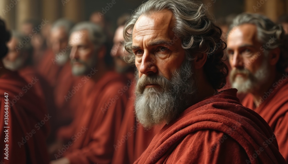 Portrayal of Plato, Athenian philosopher with grey hair, beard, wearing red robe among students. Classical era. He looks like mentor, teacher, spreading wisdom, philosophy, knowledge at academy. Portrayal of Plato, Athenian philosopher with grey hair, beard, wearing red robe among students. Classical era. He looks like mentor, teacher, spreading wisdom, philosophy, knowledge at academy.