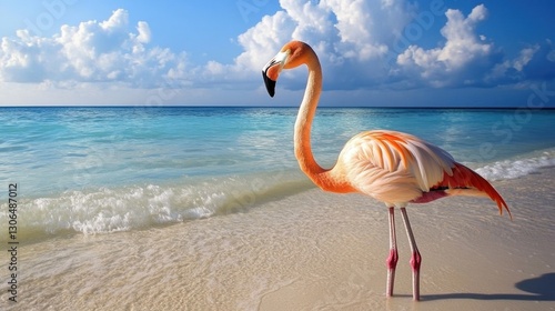 A flamingo resting on a quiet beach, waves lapping at its feet.