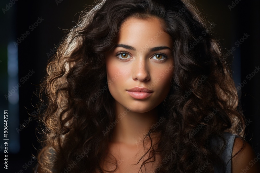 Naklejka premium Captivating moment features a young woman with radiant curly hair looking directly at the viewer. Soft natural light highlights her striking features, creating an intimate atmosphere