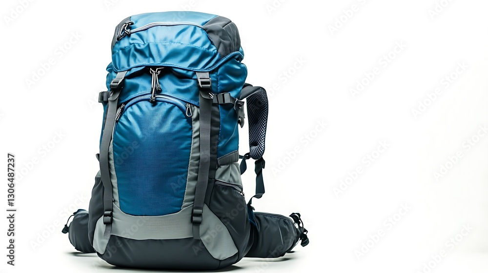 View of a blue and gray backpack isolated in camera not cut out View of a blue and gray backpack isolated in camera not cut out