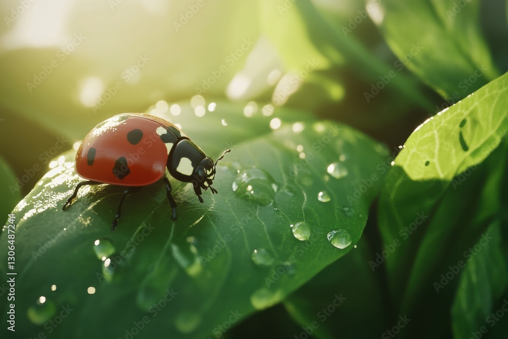 Fototapeta premium ladybug on green leaf with water drop