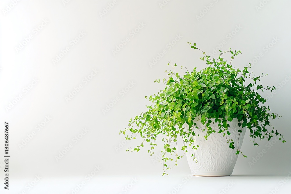 Naklejka premium Indoor plant in white pot against white wall; home decor, minimalist design