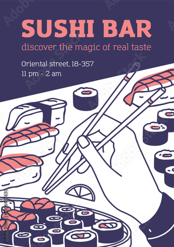 Sushi bar, ad banner. Japanese cuisine, Asian eastern restaurant, cafe. promotion card, poster design for advertising, invitation, flyer. Japan food, dish promo template. Flat vector illustration