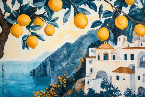 Wallpaper Mural Serene Coastal Scene with Lemon Tree Overlooking Turquoise Waters and White Buildings Torontodigital.ca