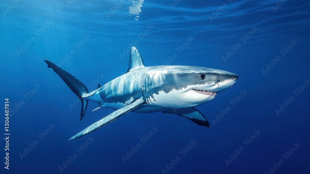 Naklejka premium A great white shark swimming in deep blue waters, its powerful body gliding effortlessly.