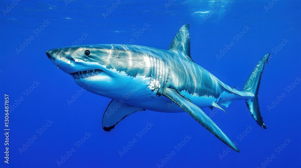 Fototapeta premium A great white shark swimming in deep blue waters, its powerful body gliding effortlessly.