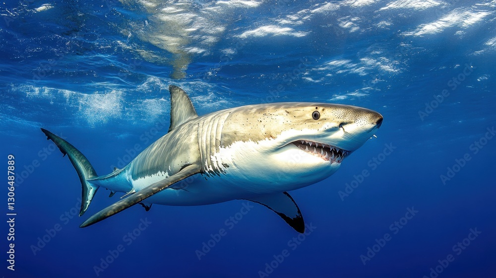 Obraz premium A great white shark swimming in deep blue waters, its powerful body gliding effortlessly.