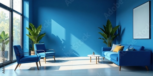 Modern blue office with sleek furniture and plants, plants, workplace