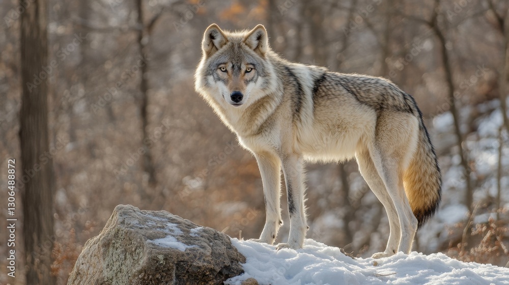 A lone wolf standing on a snowy hill, its breath visible in the cold air. A lone wolf standing on a snowy hill, its breath visible in the cold air.