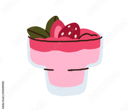 Strawberry mousse dessert. Creamy sweet food, fruit treat in glass with fresh...