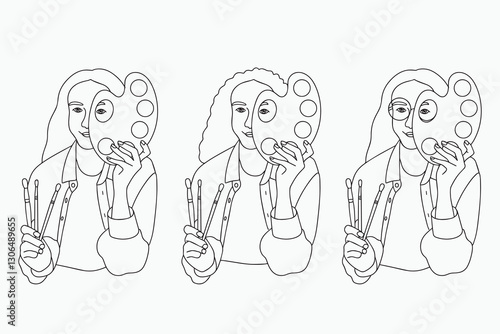 Young woman with palette and art brushes in her hands. Artist workflow concept. Artist logo. Doodle style drawing on white background