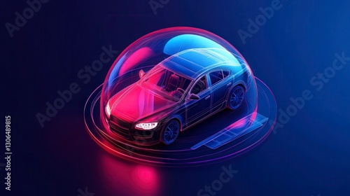 Futuristic Car Concept Surrounded by Glowing Protective Dome with Neon Colors