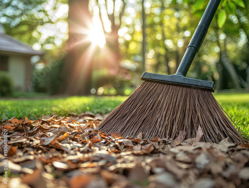 Wallpaper Mural broom sweeping leaves in front yard during sunset, creating serene atmosphere Torontodigital.ca