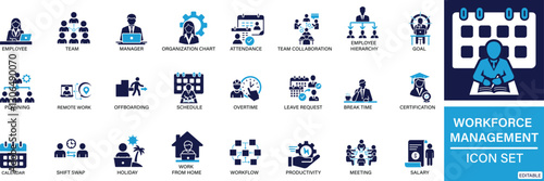 Workforce Management icon set Employee, Team, Manager, Organization chart, Attendance You can easily change the color.