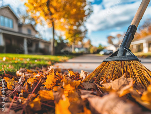 Wallpaper Mural close up of broom sweeping vibrant autumn leaves on sunny day Torontodigital.ca