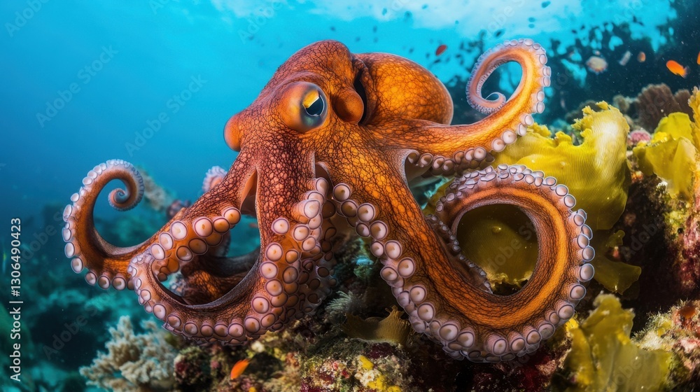 Fototapeta premium Octopus camouflaging itself against a coral reef, tentacles shifting colors.