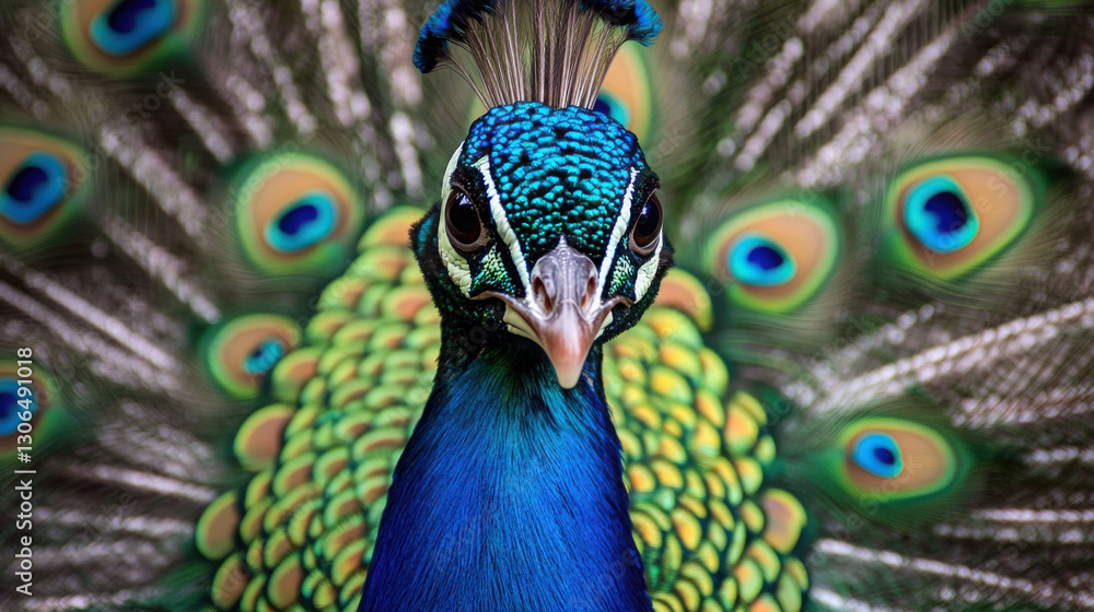 Obraz premium Close-up of a peacock's intricate feather patterns, highlighting the eye spots and shimmering hues in natural light