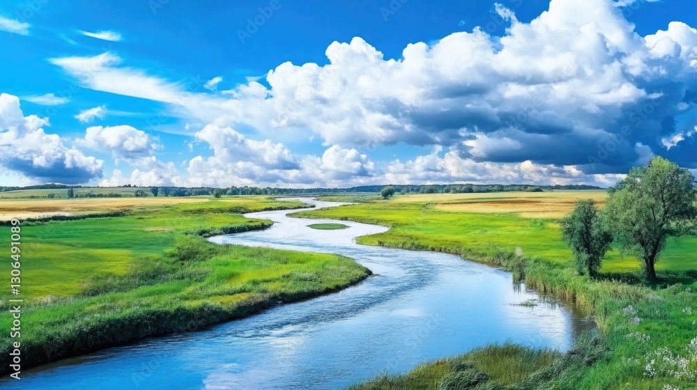 Obraz premium A scenic landscape showing a river and a bright cloudy sky