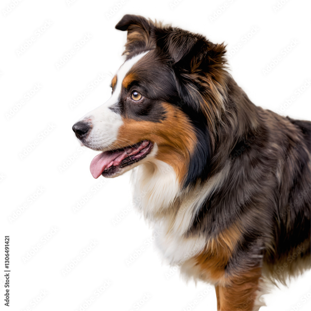 Fototapeta premium Dog portrait with tongue out. Brown white and black fur. Side view of animal on transparent background. Png and isolated.