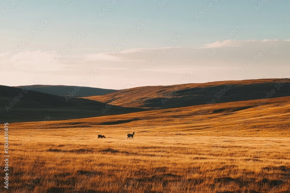 Obraz premium vast moorland with roaming deer, under the evening sky, casting long shadows across the landscape