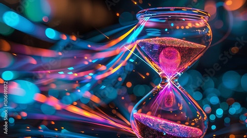 vAn abstract hourglass where time is represented by cascading fiber optic filaments.

 photo