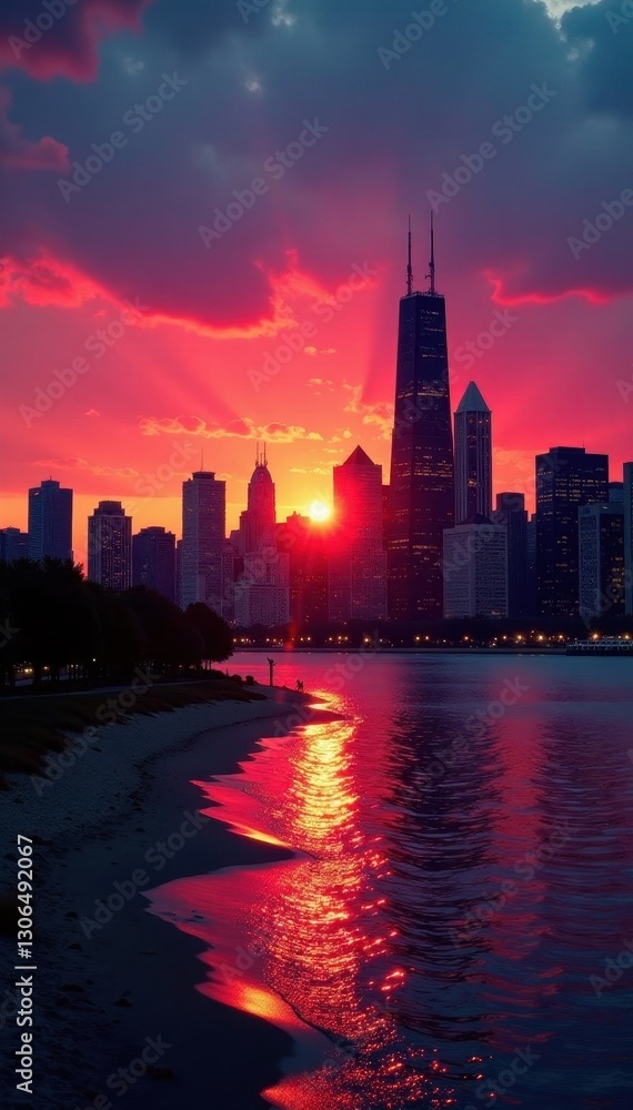 Obraz premium Chicago's vibrant skyline ablaze in sunset hues , evening, golden hour