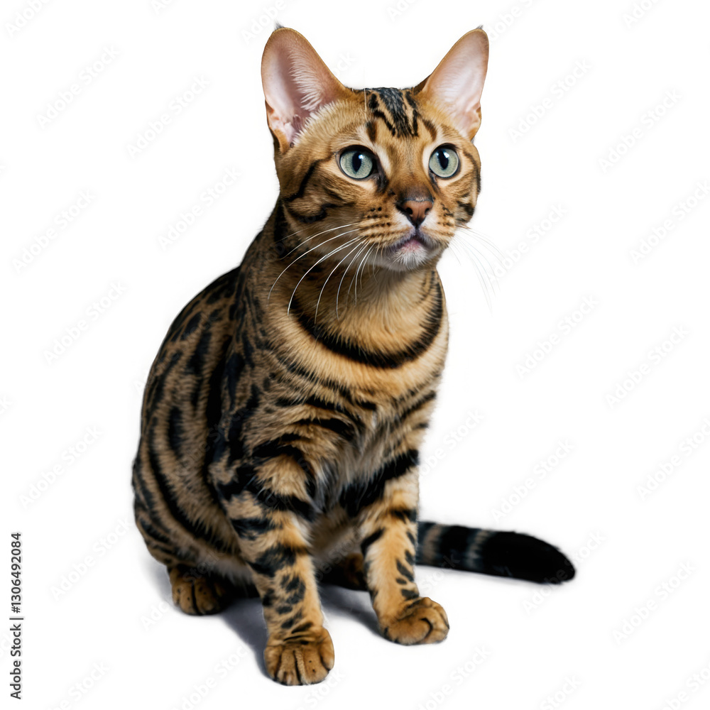 Sitting bengal cat with stripes looking up. Brown and black patterned animal with green eyes. Transparent, png, isolated. Sitting bengal cat with stripes looking up. Brown and black patterned animal with green eyes. Transparent, png, isolated.