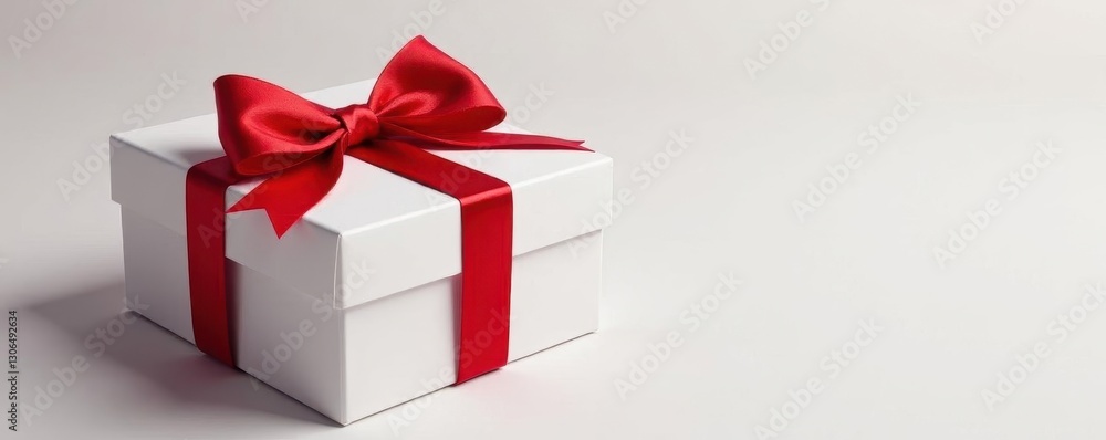 Elegant white gift box with a vibrant red ribbon bow , ribbon, white background, texture Elegant white gift box with a vibrant red ribbon bow , ribbon, white background, texture