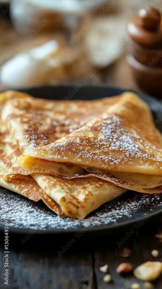 Golden-brown crepes are elegantly folded and sprinkled with powdered sugar, showcasing delightful texture. This mouthwatering treat awaits savoring, set against a rustic wooden background Golden-brown crepes are elegantly folded and sprinkled with powdered sugar, showcasing delightful texture. This mouthwatering treat awaits savoring, set against a rustic wooden background