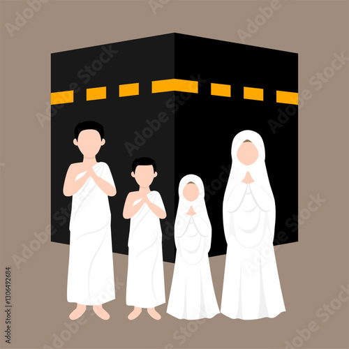 Muslim Pilgrims Performing Hajj And Umrah Illustration. Musim Wearing Ihram Clothes