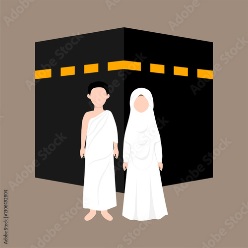 Muslim Pilgrims Performing Hajj And Umrah Illustration. Musim Wearing Ihram Clothes
