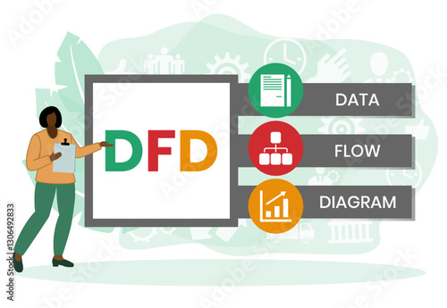 DFD - Data Flow Diagram acronym, technology concept background. Vector Illustration Concept with Keywords and Icons	