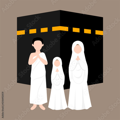 Muslim Pilgrims Performing Hajj And Umrah Illustration. Musim Wearing Ihram Clothes