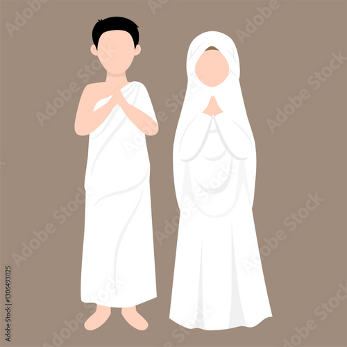 Muslim Pilgrims Performing Hajj And Umrah Illustration. Musim Wearing Ihram Clothes