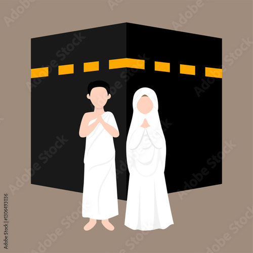Muslim Pilgrims Performing Hajj And Umrah Illustration. Musim Wearing Ihram Clothes