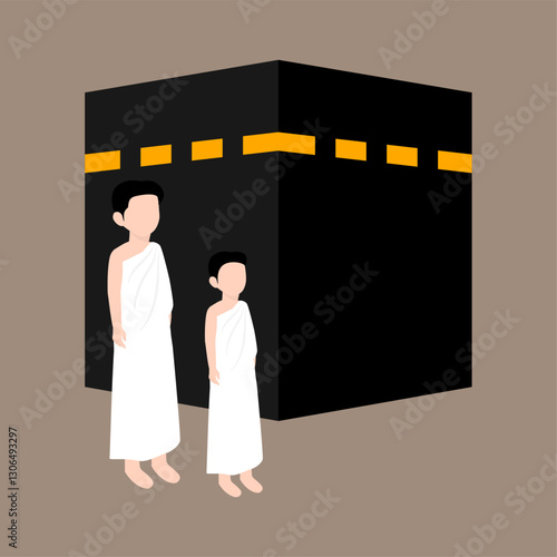 Muslim Pilgrims Performing Hajj And Umrah Illustration. Musim Wearing Ihram Clothes