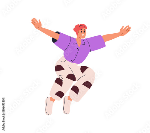 Happy joyful person jumping up. Energetic smiling young character flying in air with arms spread, excited emotion, joy expression. Positive pose. Flat vector illustration isolated on white background
