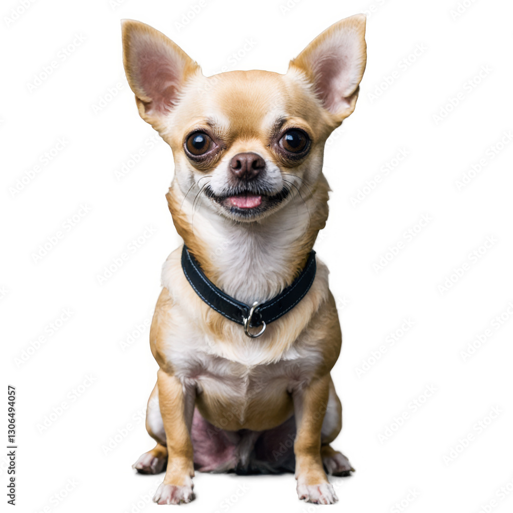 Small tan dog sits, wears black collar. Dog looks forward with tongue visible. Isolated transparent PNG. Small tan dog sits, wears black collar. Dog looks forward with tongue visible. Isolated transparent PNG.