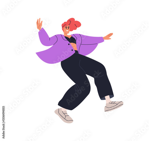 Happy joyful woman jumping, flying in air. Positive young female character soaring with cheerful expression, excited emotion. Energetic pose. Flat vector illustration isolated on white background